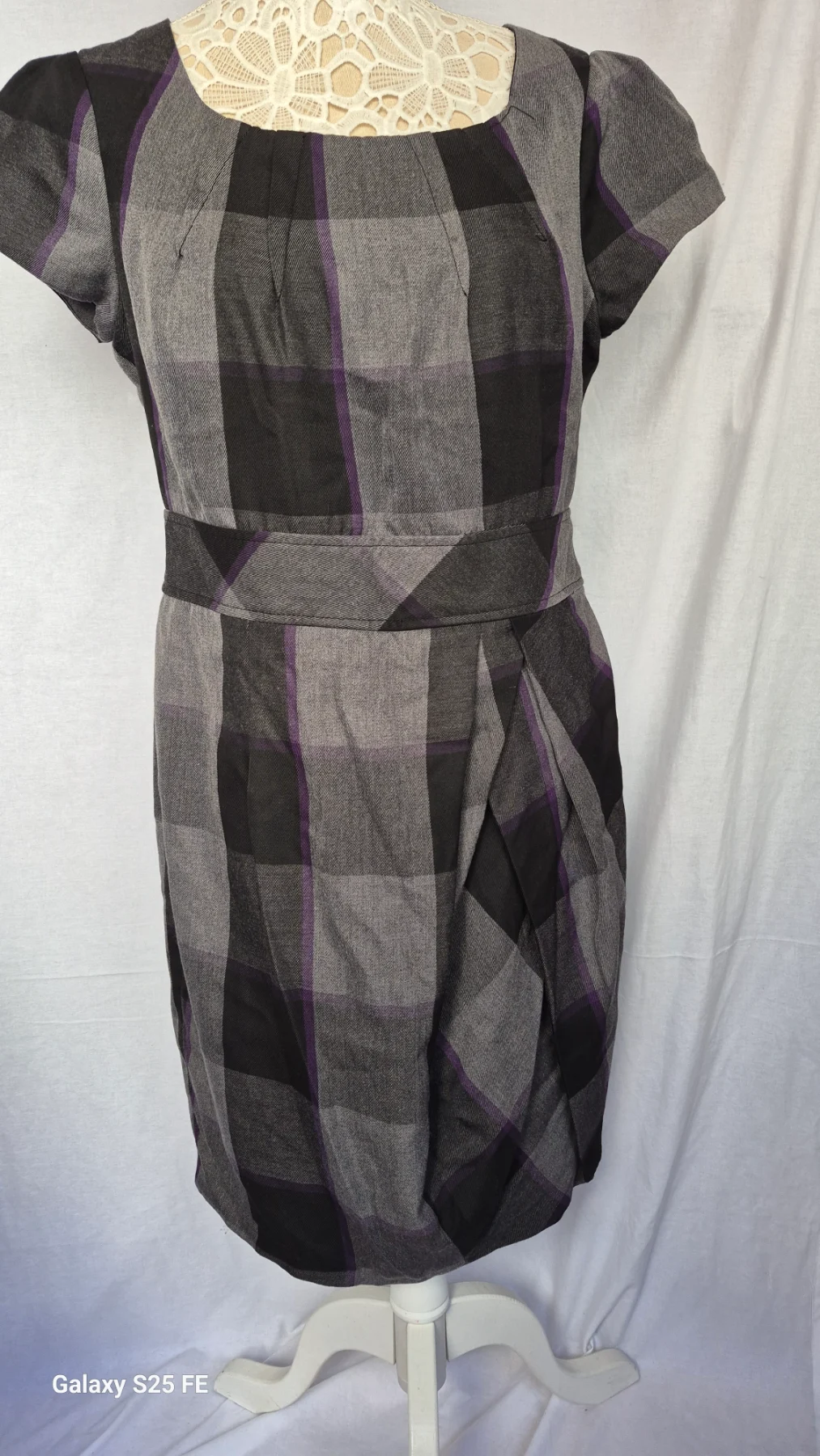 Et Vous Grey Purple Tartan Check Smart Tailored Dress Size 16 Cap Sleeve Workwear