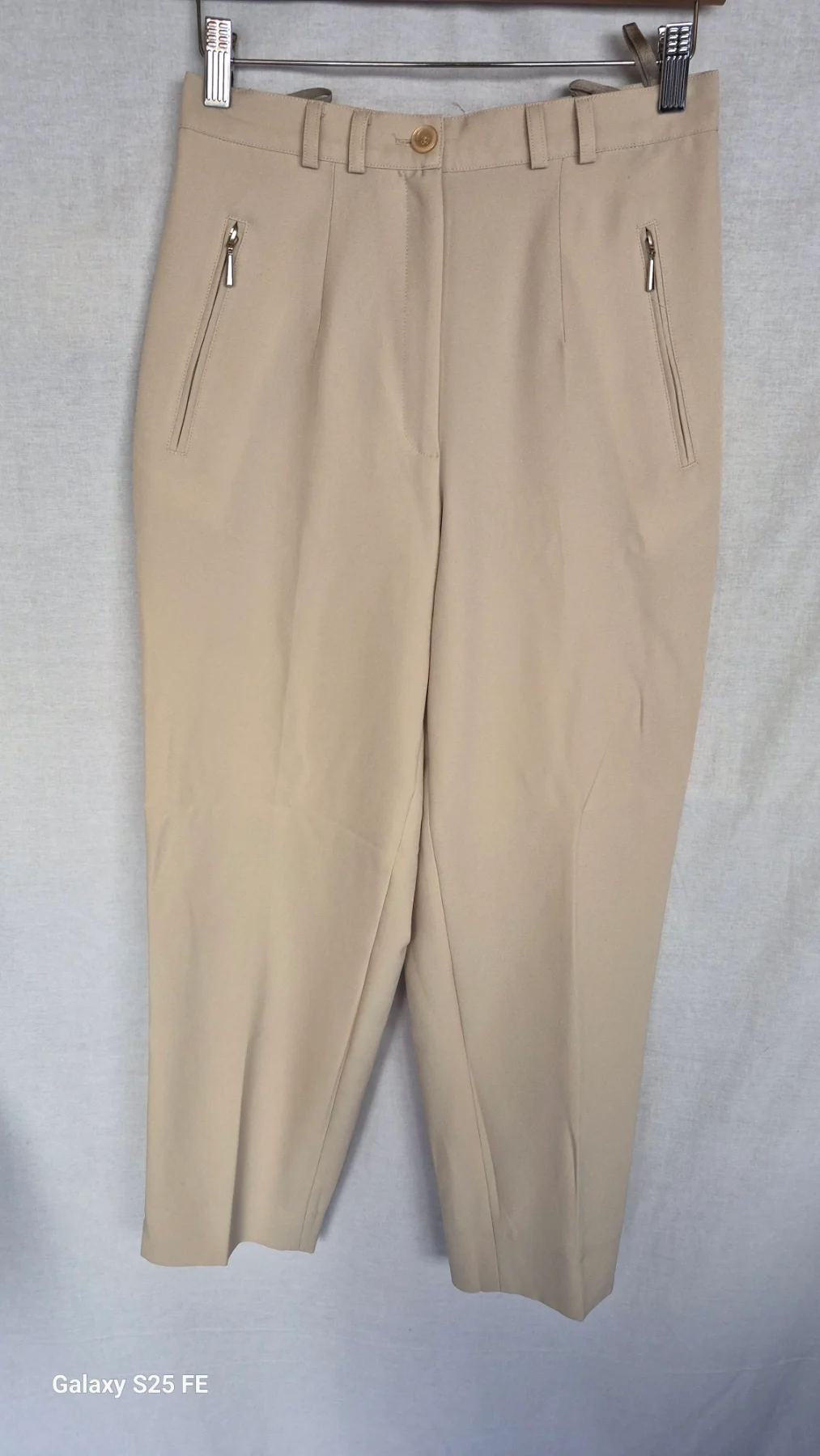 Canda C&A Womens Beige High Waisted Trousers Smart Tailored Zip Pockets Size UK 12