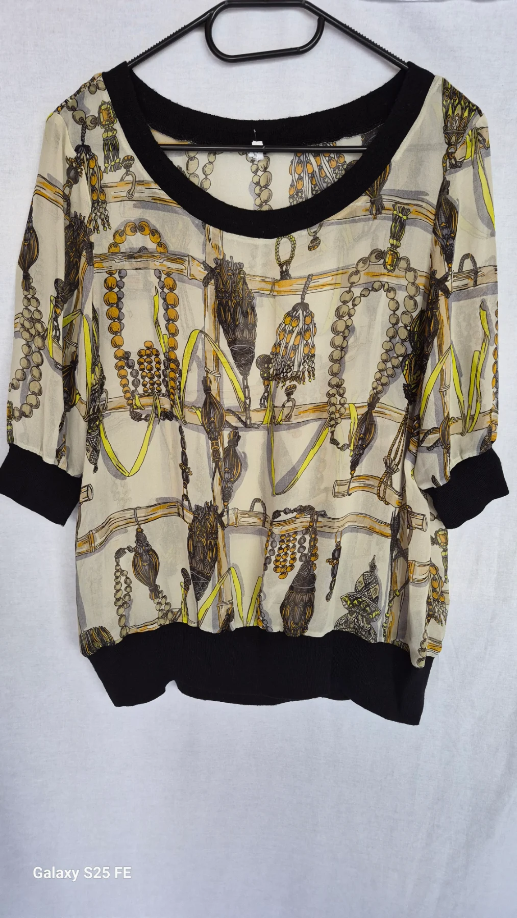 ​NEXT Top Size 10 Tassel Jewellery Chain Print Chiffon Blouse Wool Blend Trim UK
