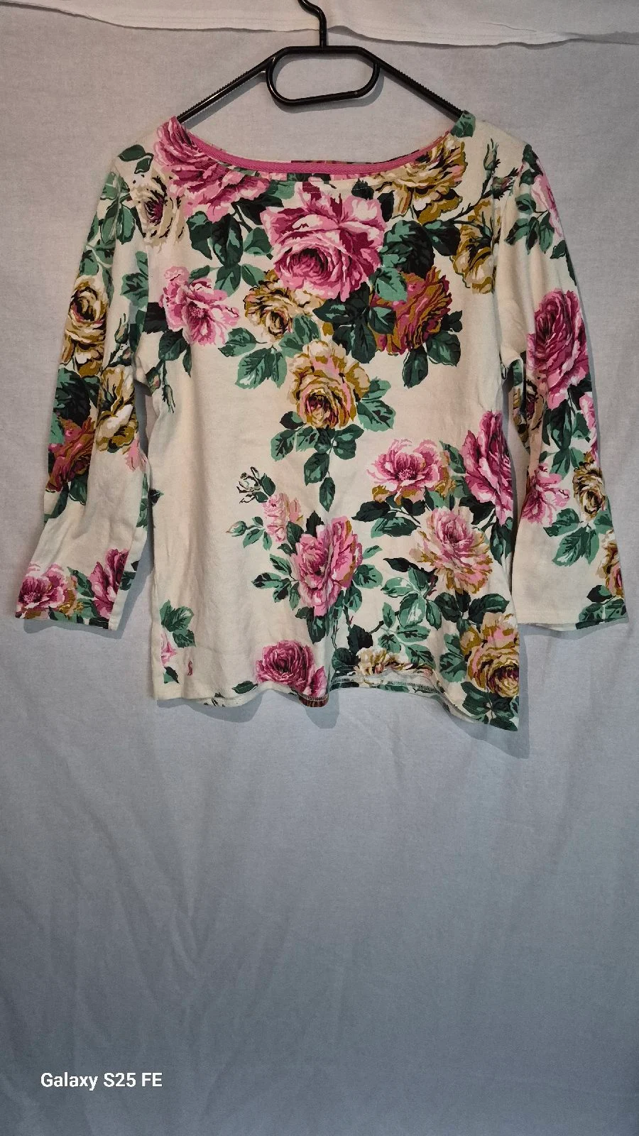 Joules Cream Floral Rose Print Boat Neck Top Size UK 12 Cotton 3/4 Sleeve