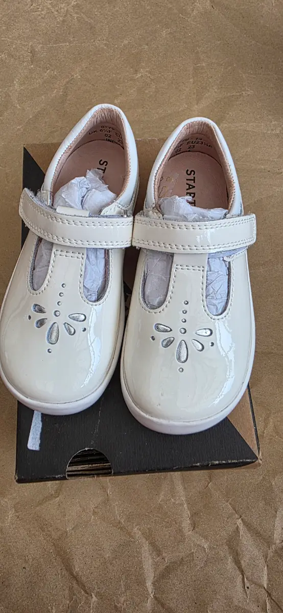 White patent rip tape T bar shoes size 6.5