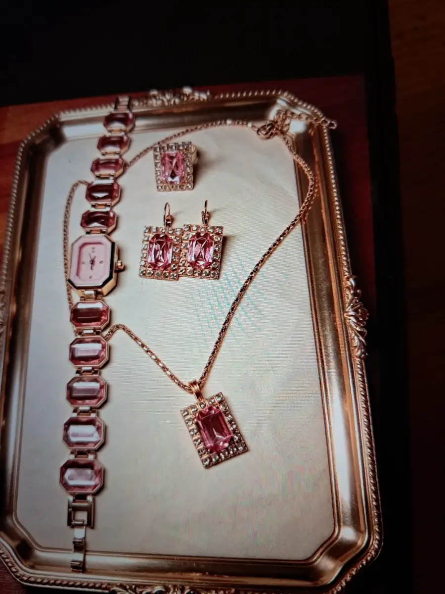 Vintage Rose Gold & Pink Gemstone Jewellery Set ring adjustable