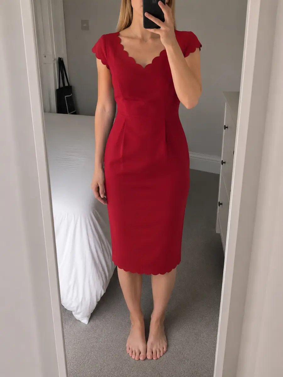 Red Scallop Trim Midi Dress – UK Size 10 – NWT
