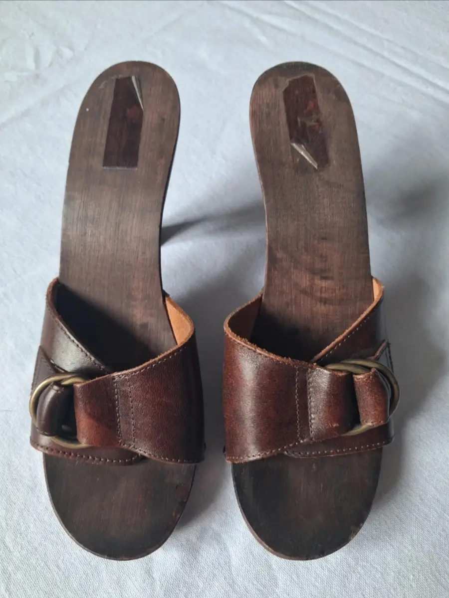 Brown Wooden Heel Leather Mule Sandals – UK 6