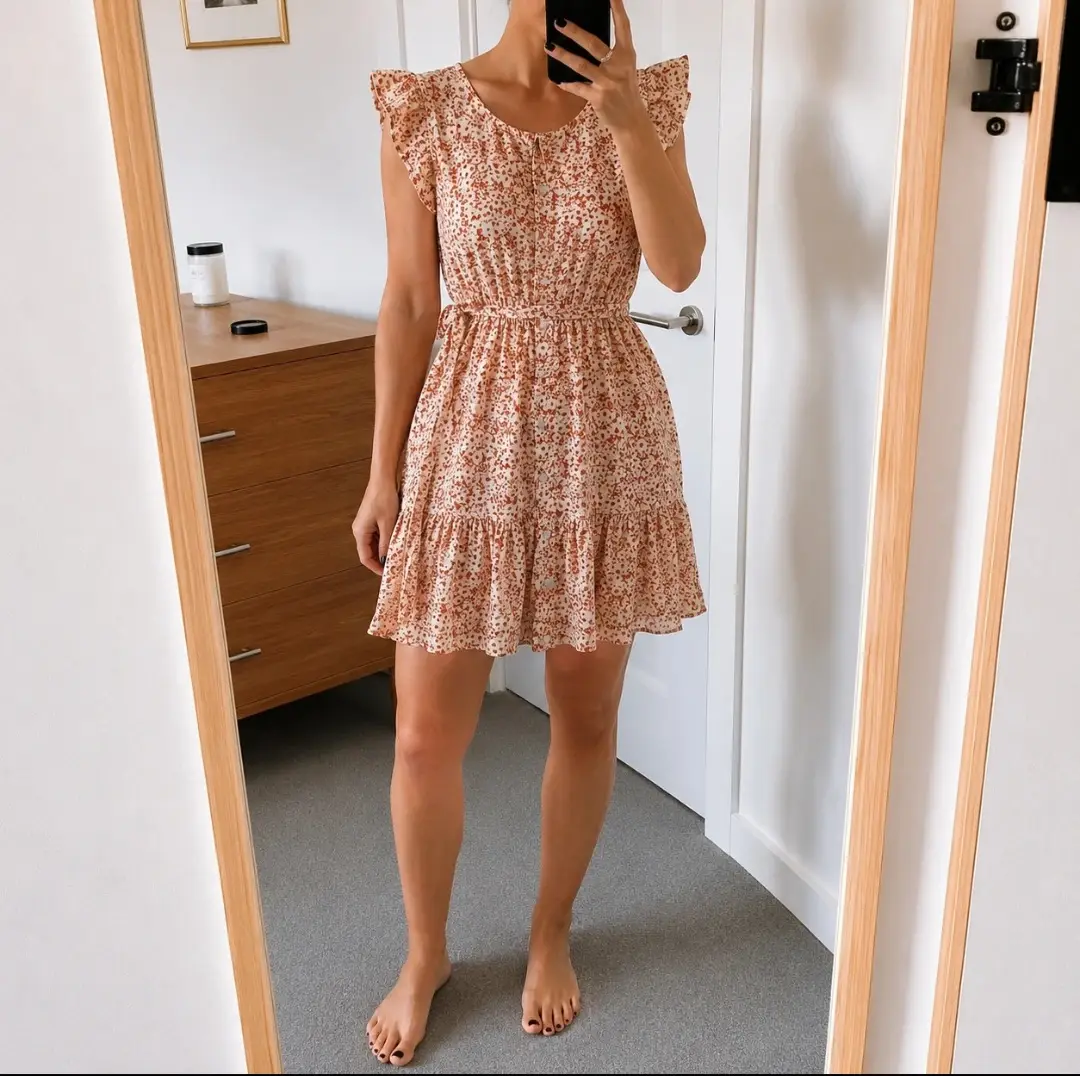 Cream & Rust Floral Button Front Dress – Size 8