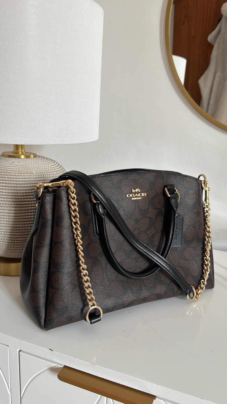 Coach sage carryall signature brown black gold chain crossbody bag
