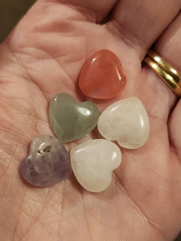 5 small crystal hearts job lot