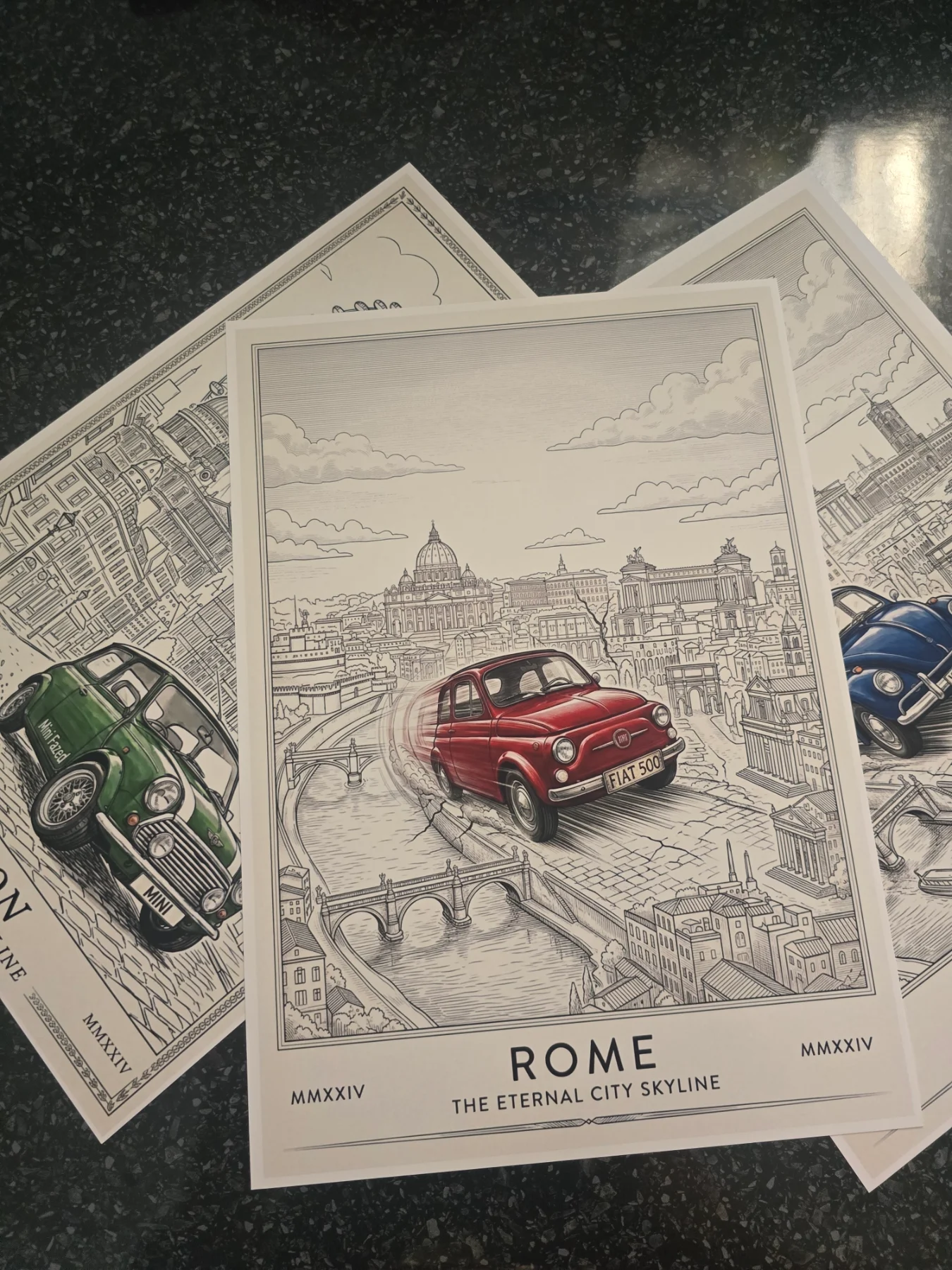Retro Classic Car Travel Poster Set – Rome, London & Berlin Skyline Architecture Art