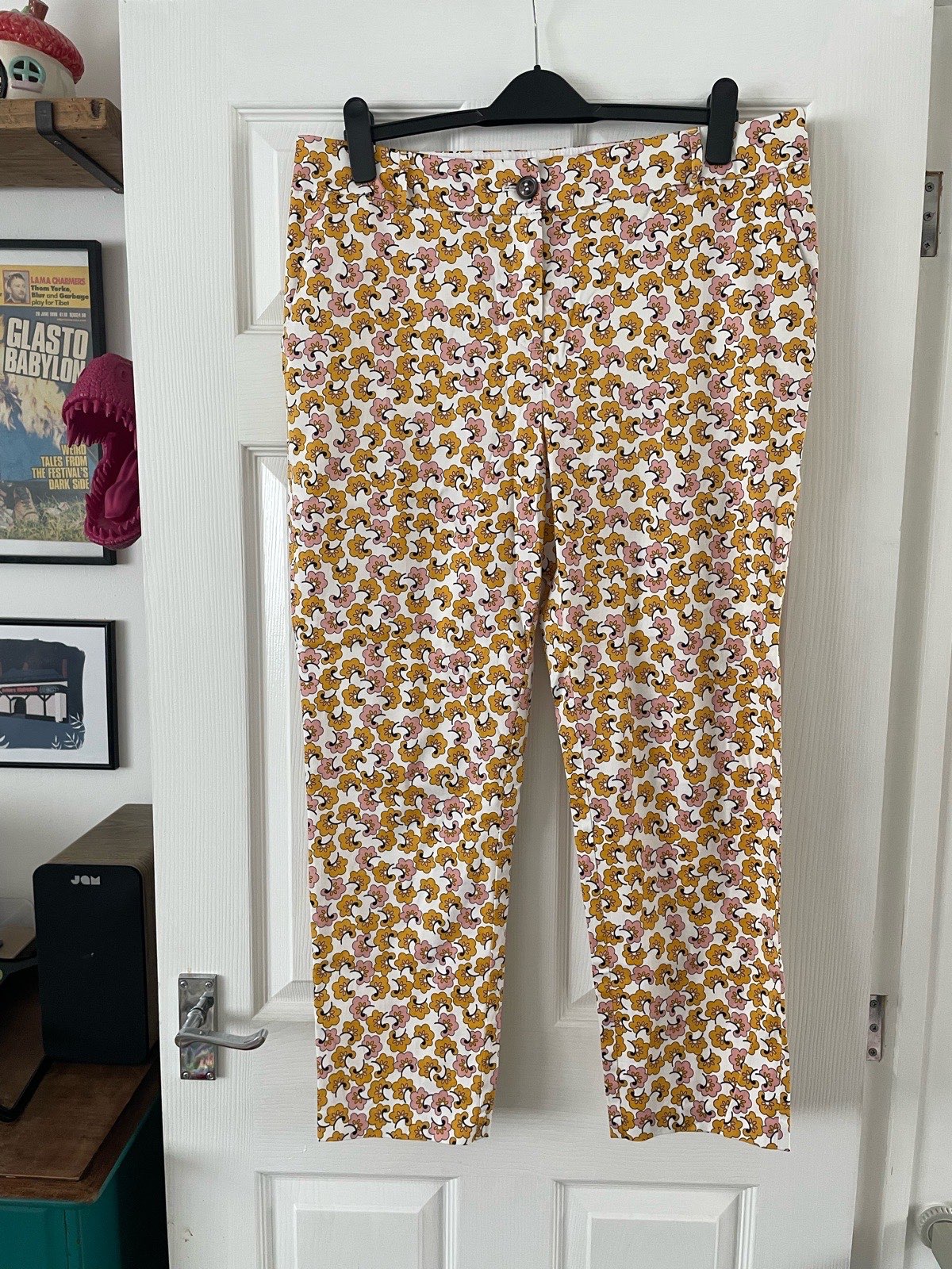 Tu Retro Floral Crop Slim Trousers Mustard & Pink - Size 16