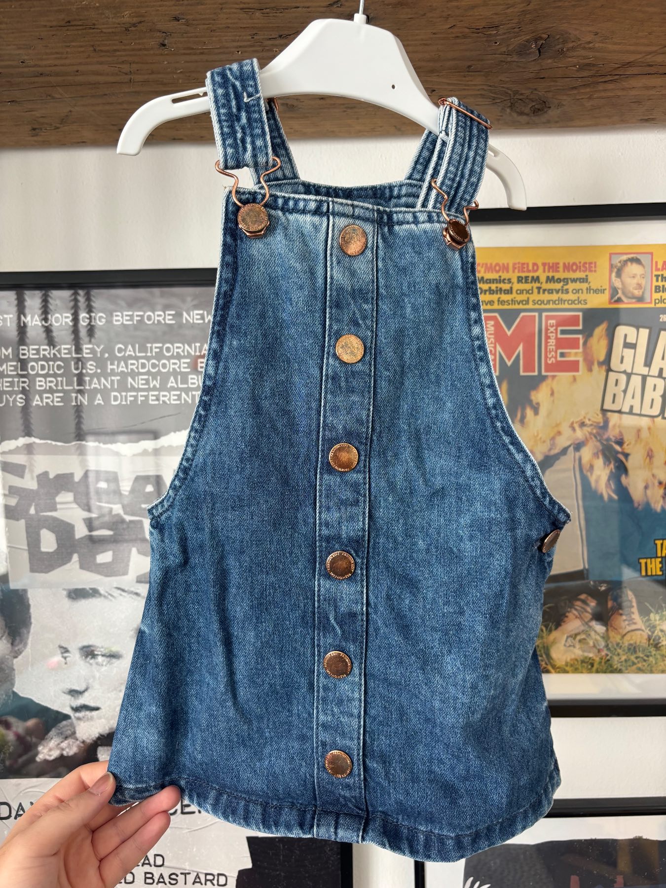F&F Denim Pinafore Dress, 18-24 Months. Blue denim gold button down.