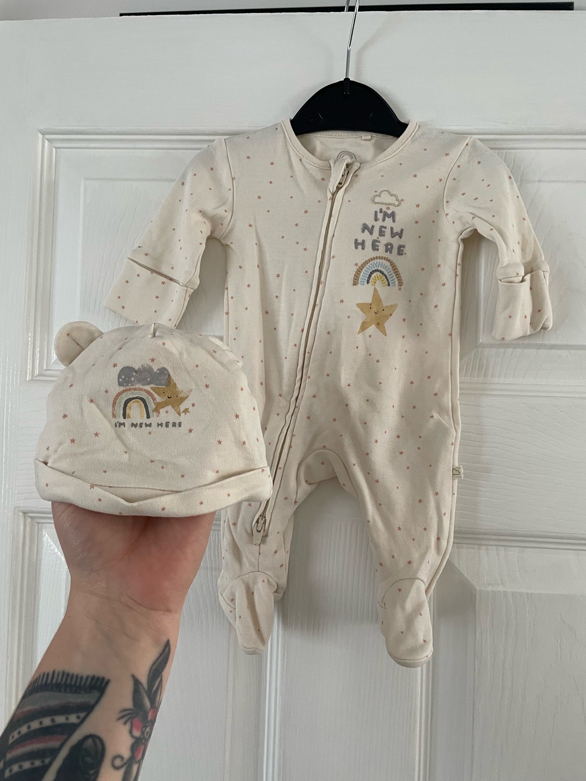 Next "I'm New Here" Sleepsuit & Hat Set - First Size (New Without Tags)