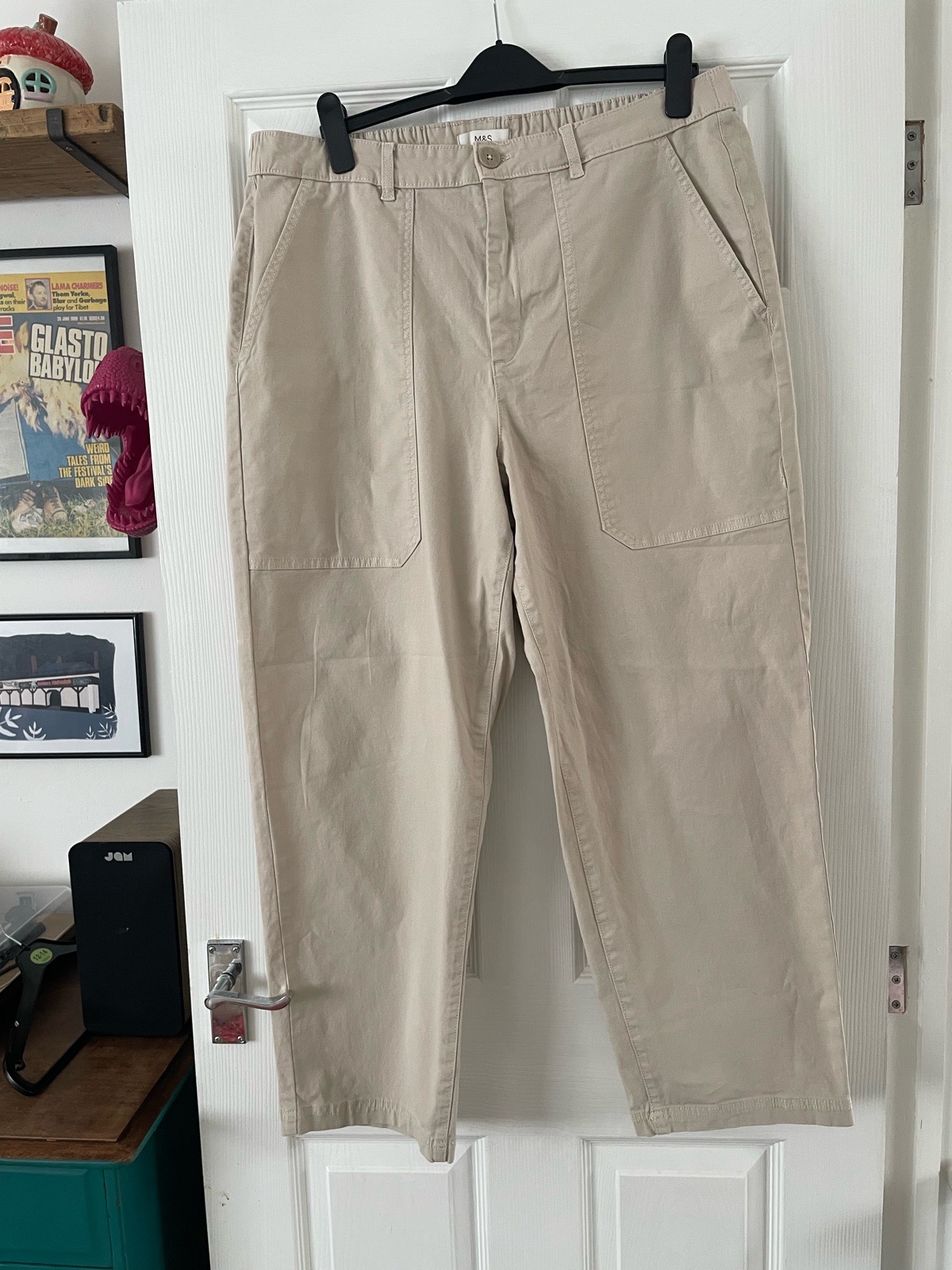 M&S Light Beige Cotton Rich Carpenter Straight Leg Trousers - Size 20 Regular