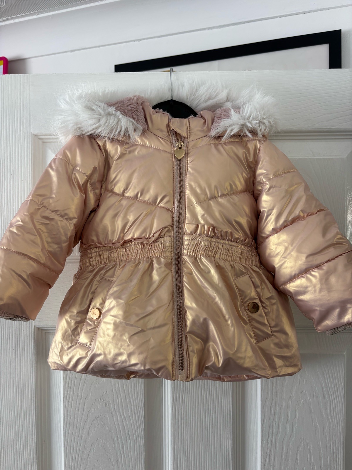 Matalan Girls Rose Gold Metallic Puffer Coat Faux Fur Hood 12-18 Months