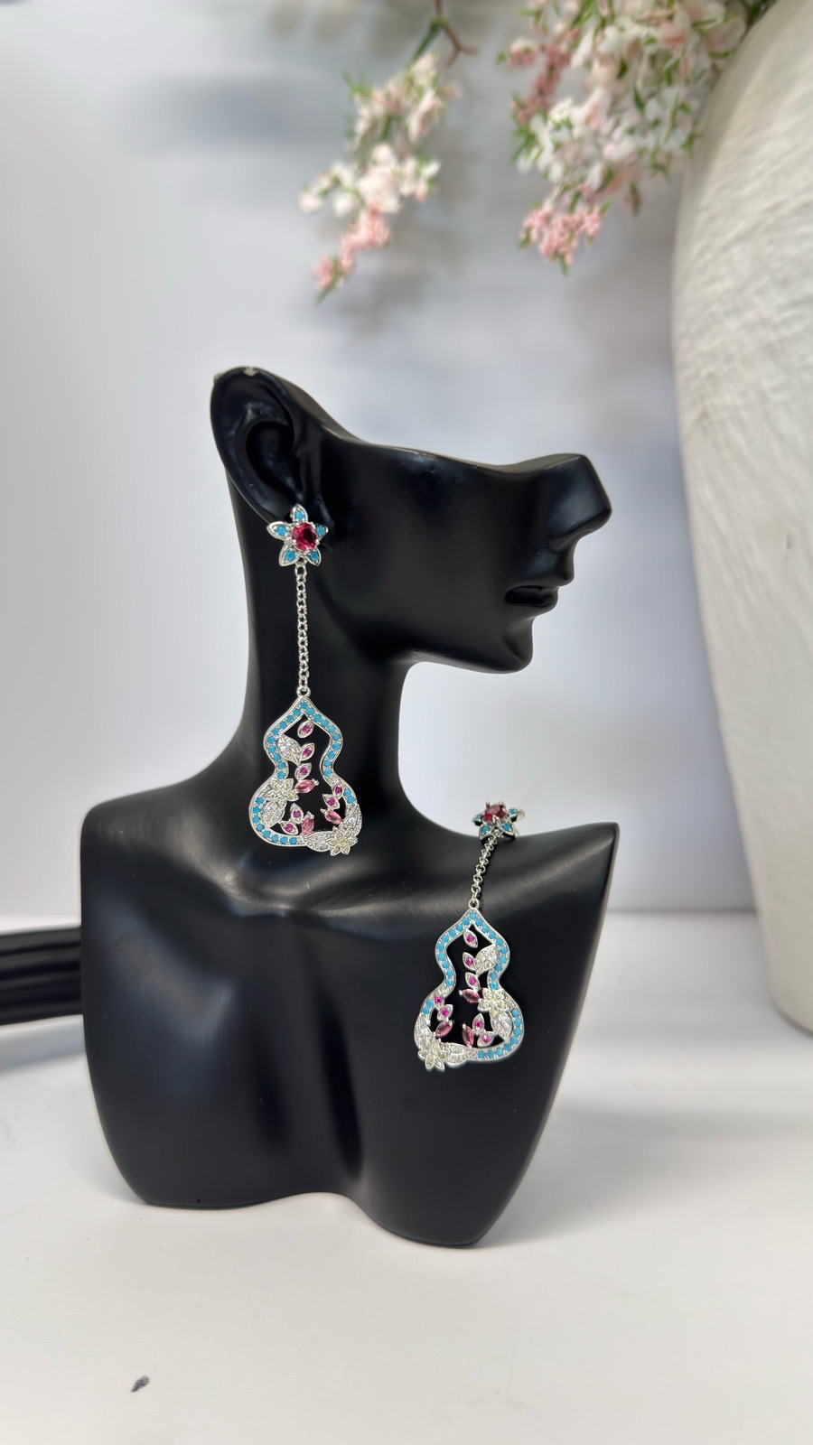Vintage-Inspired Floral Drop Earrings – Blue & Pink Crystal Statement Earrings