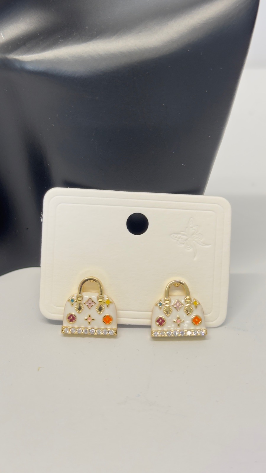 Luxury Handbag Stud Earrings – White & Gold Crystal Statement Earrings