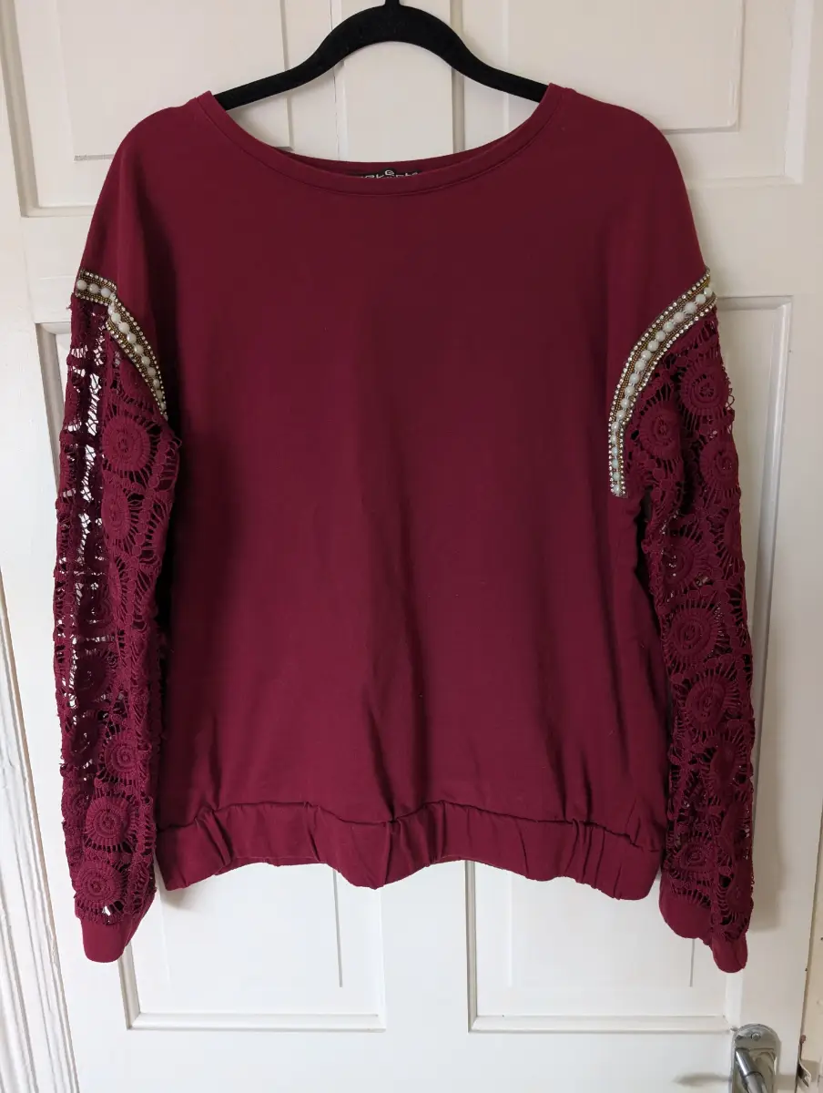Select burgundy jumper,thin evening jumper,lace style sleeves pearl detail,size M fits size 14