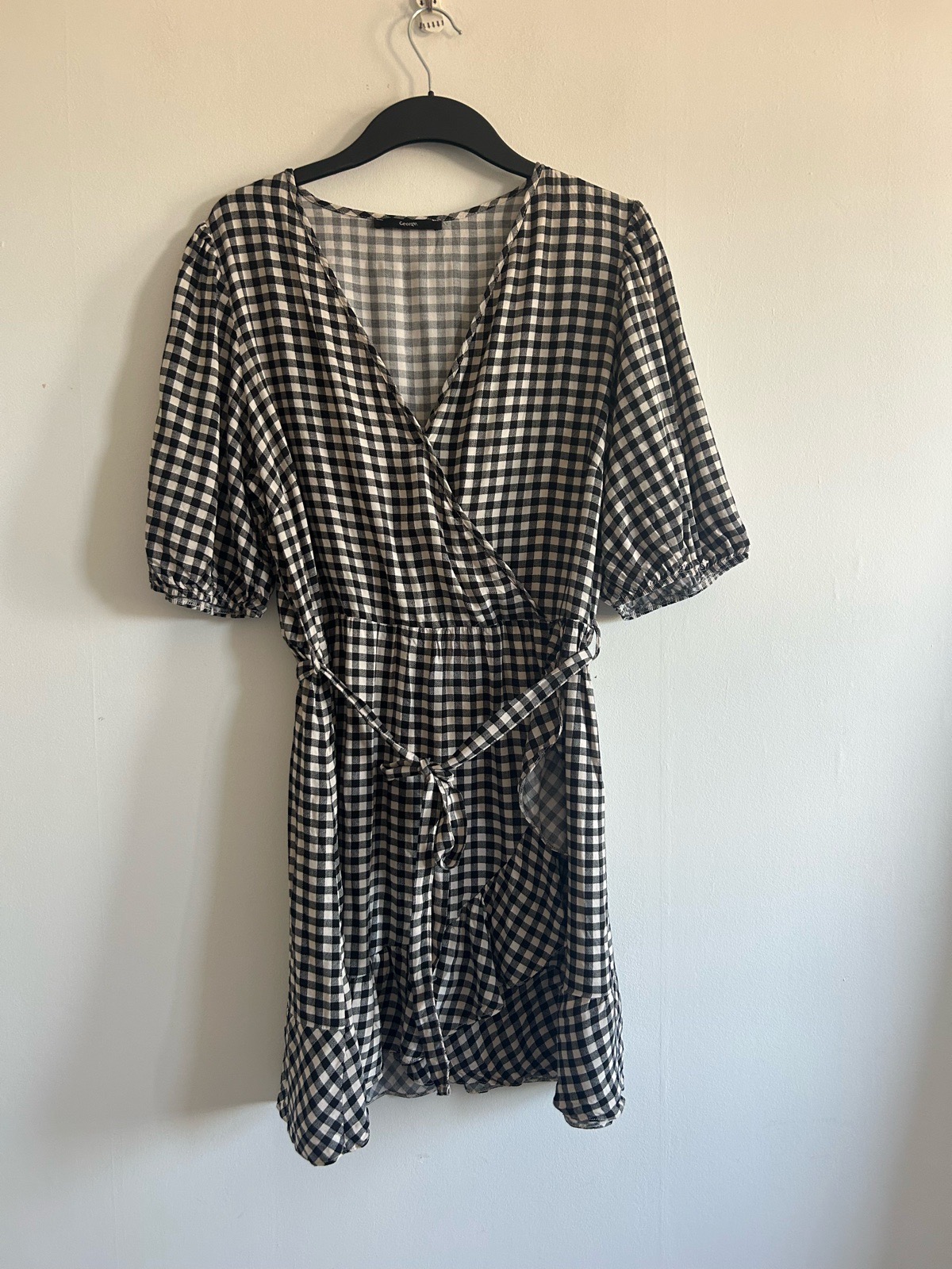 Black & White Gingham Wrap Mini Dress Size 16