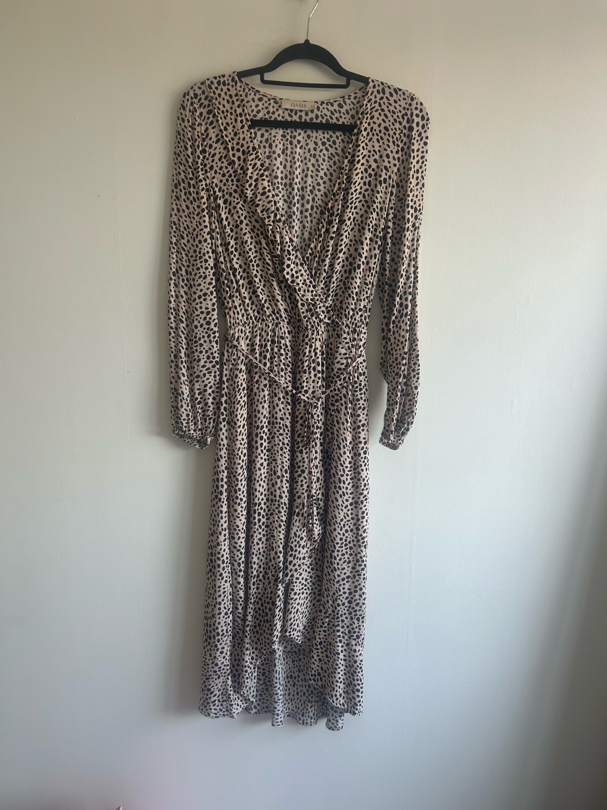 Oasis being & black leopard print frilly wrap dress size 8