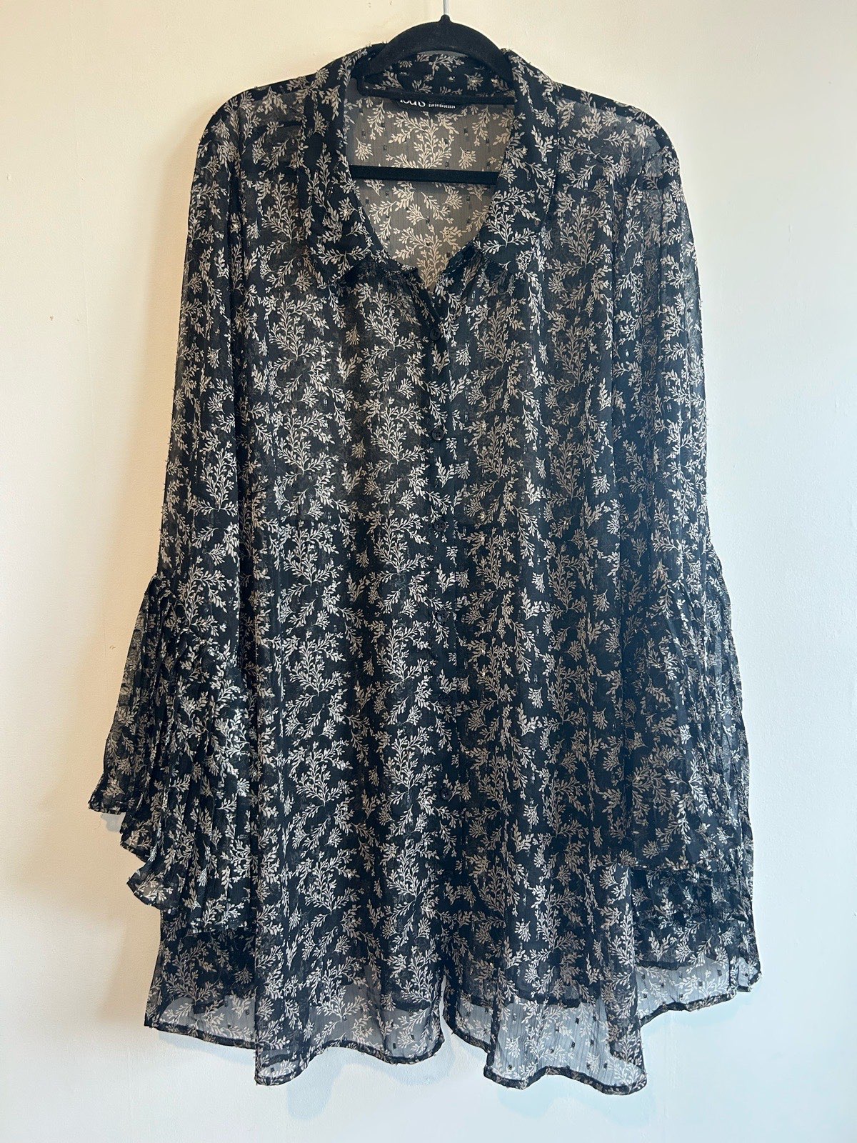 Yours Black Floral Semi-Sheer Flared Sleeved Button Down Blouse Plus Size 26-28