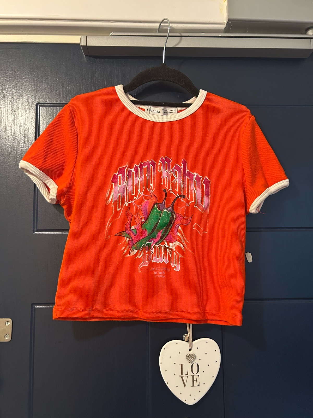 Bershka Orange “Burn Baby Burn”  Ribbed 98% Cotton Fitted T-Shirt Size L 12-14
