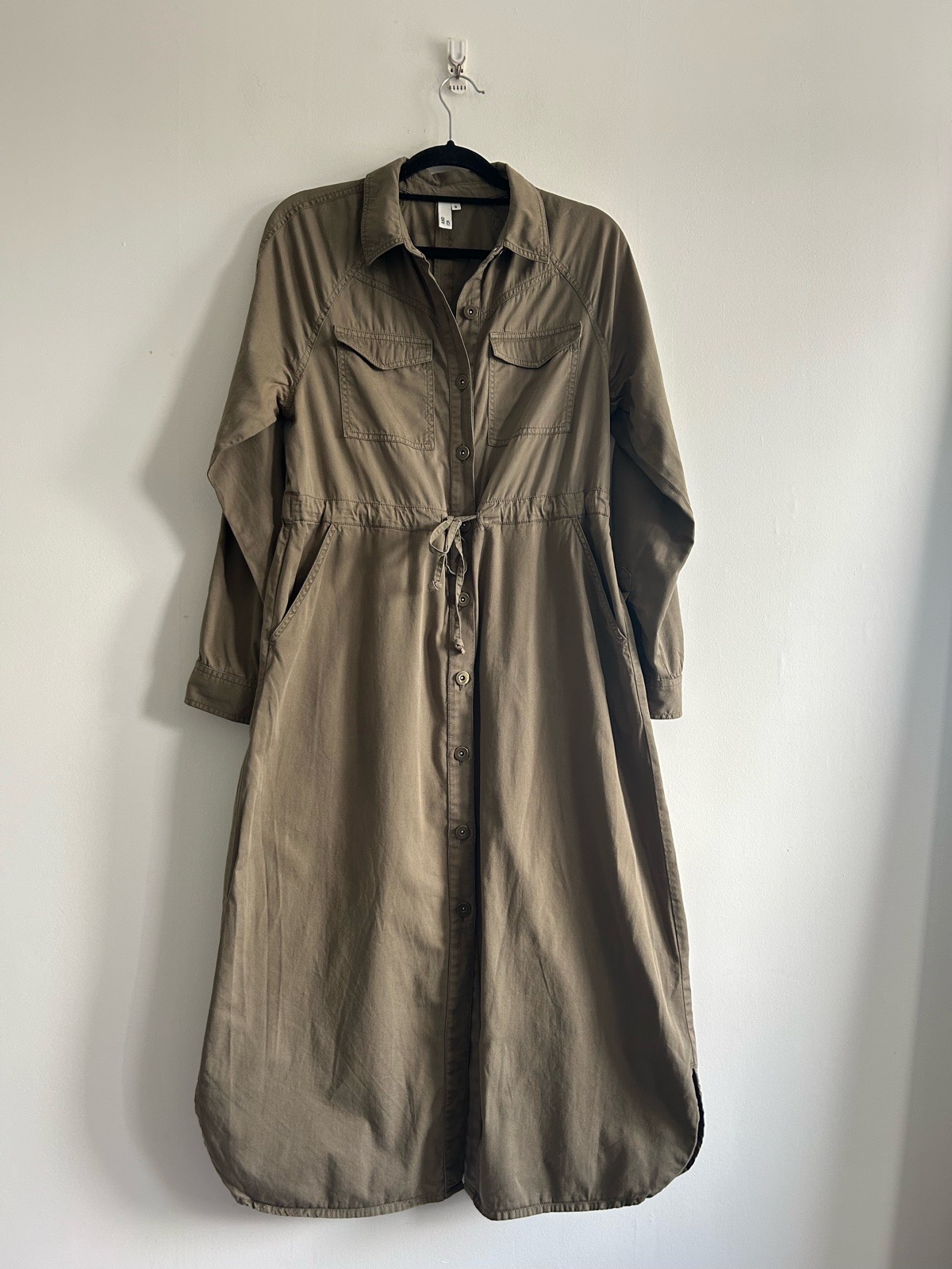 AND/OR 100% Cotton Khaki Roll Tab Long Sleeves Midi Shirt Dress Size 8