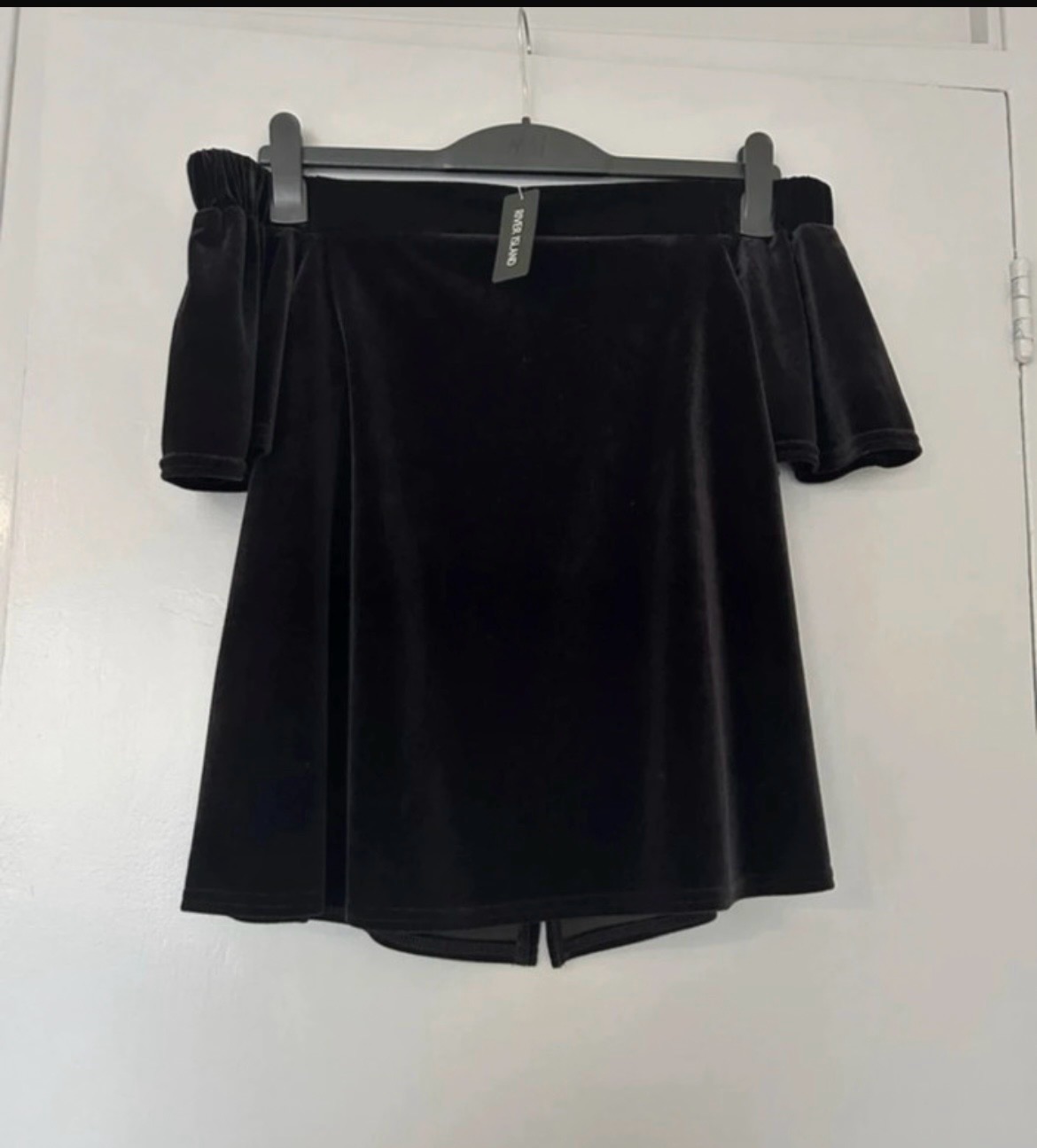 River Island Off the Shoulder Black Velvet Bardot Top Size 10