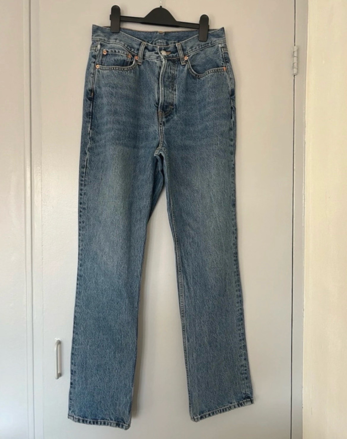 Topshop 100% Cotton Blue Denim Straight Button Fly Jeans Size 10 L32 RRP £46
