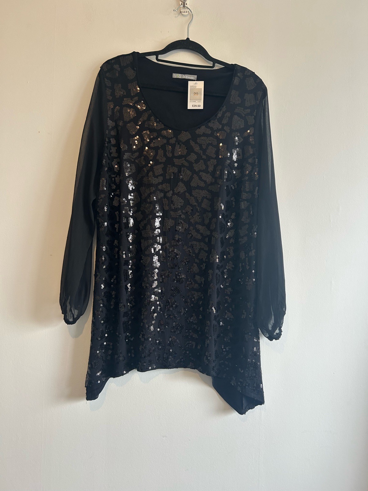 M&S Woman Black Sheer Sleeves Sequinned Party Top Plus Size 20