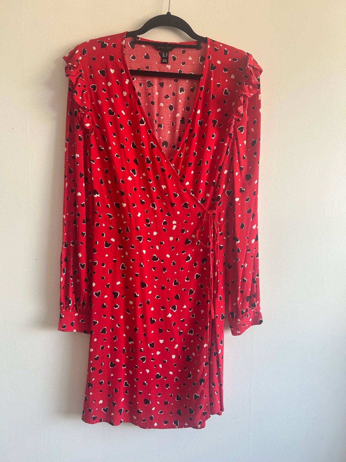 New Look Red frilly heart print mini wrap dress size 12