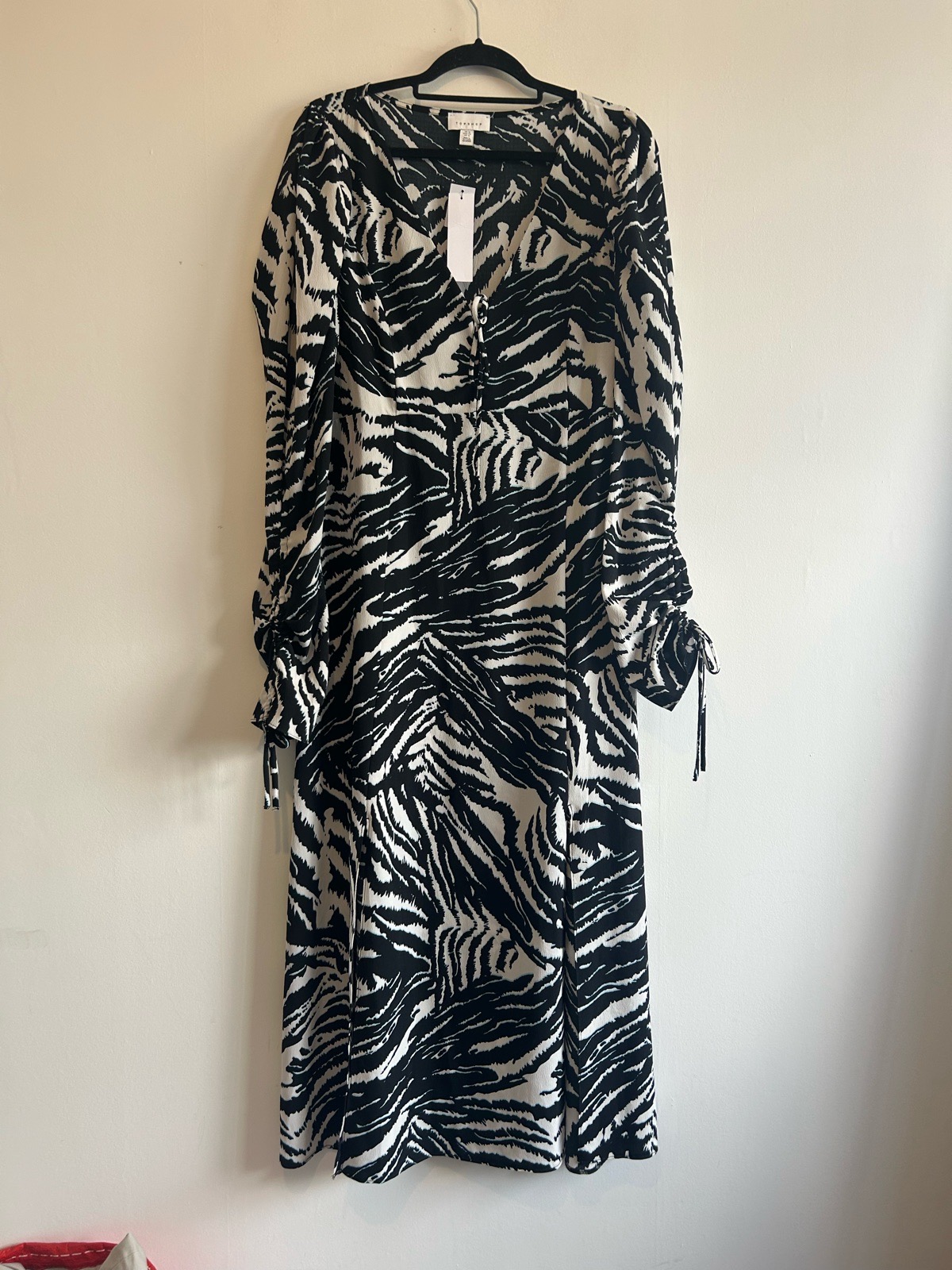 Topshop Black & White Zebra Print Ruched Tied Sleeves Midi Dress Size 16