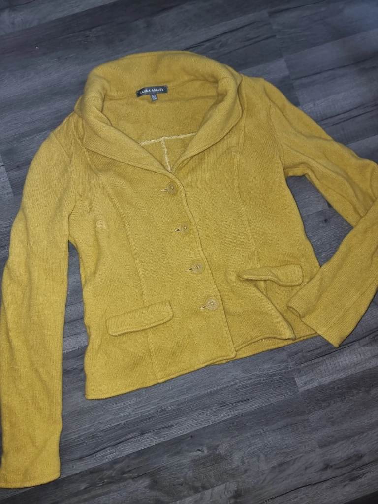 Laura Ashley S-M mustard ochre 100% lambswool blazer jacket knitted coat wool