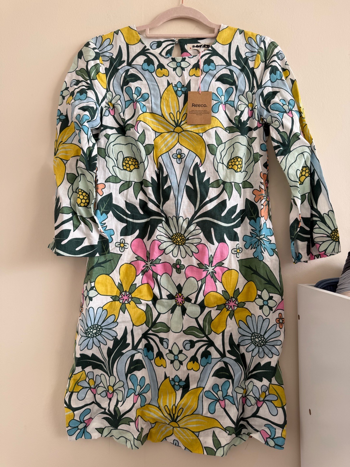 Boden White & Multicolour Bold Floral Print Flare Linen Dress - BNWT - Size 4 R