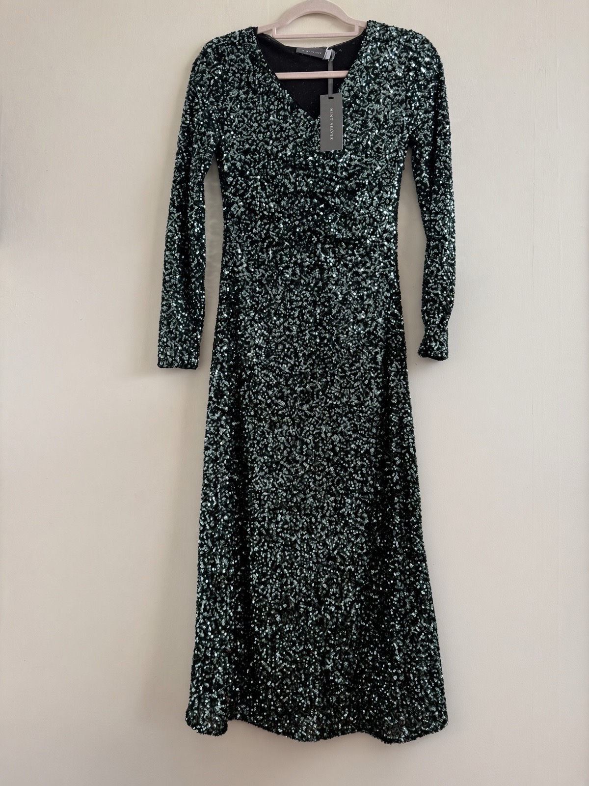 Mint Velvet Dark Green Sequin Ruched Midi Dress - BNWT £189 - Size 6