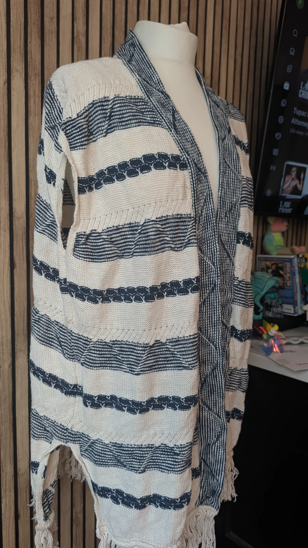 FatFace small ivory and navy loose fit sleeveless patterned stripped knit styled cardigan