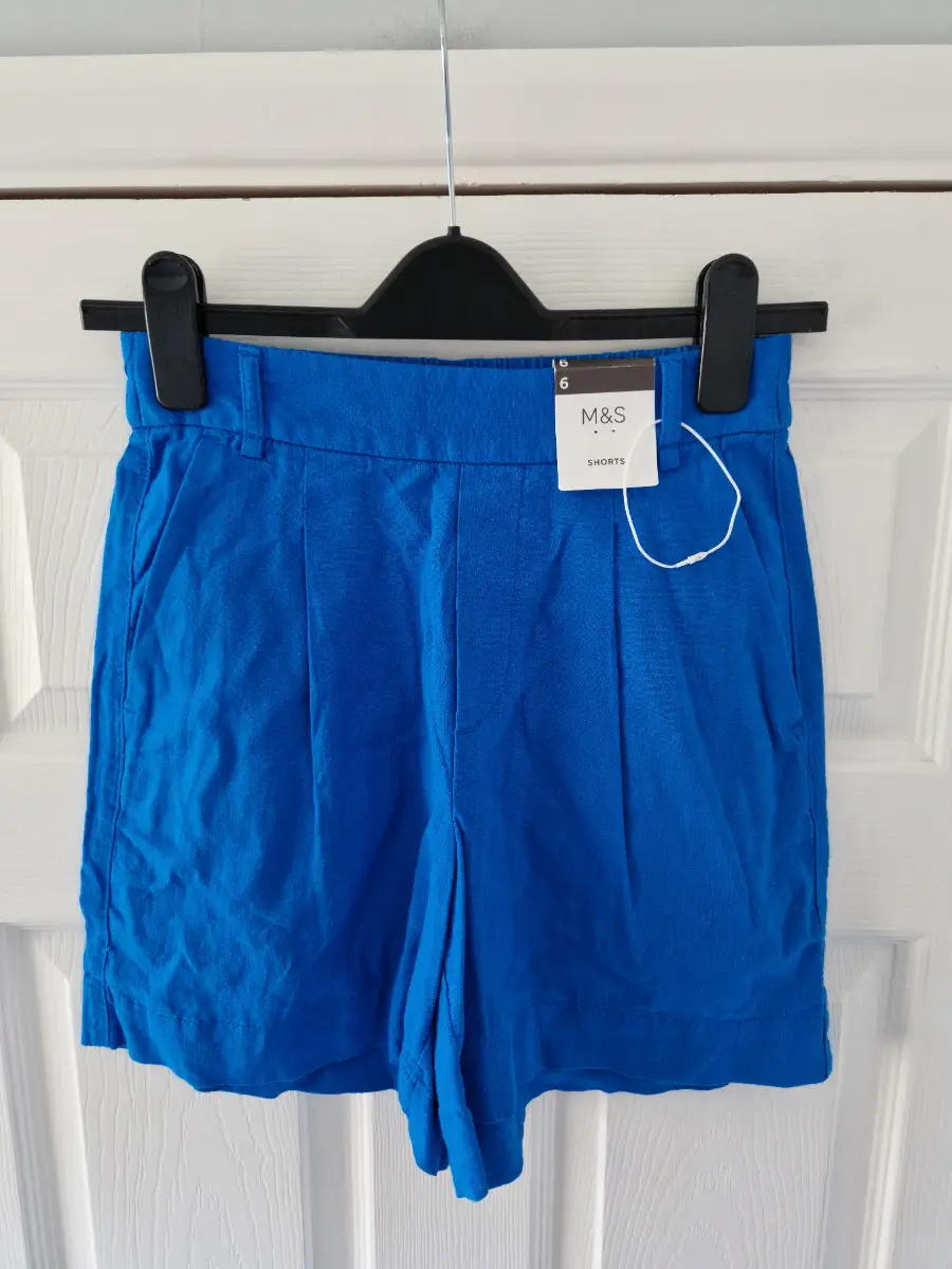 M&S Women's Size 6 Bright Blue High Elasticated Waist Linen Shorts BNWT Summer