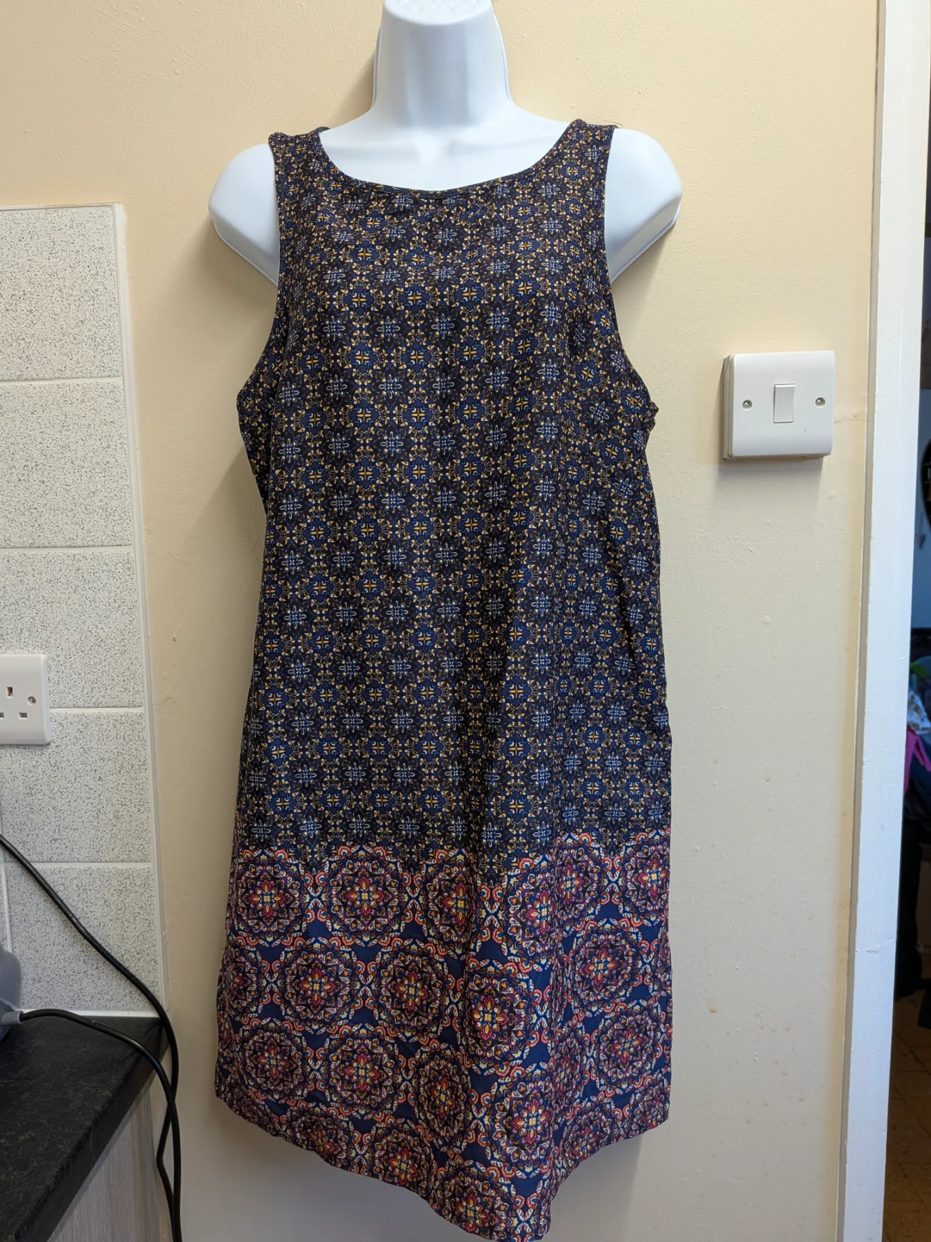 Vintage Y2K New Look Blue Boho Paisley Border Print Shift Dress UK 12