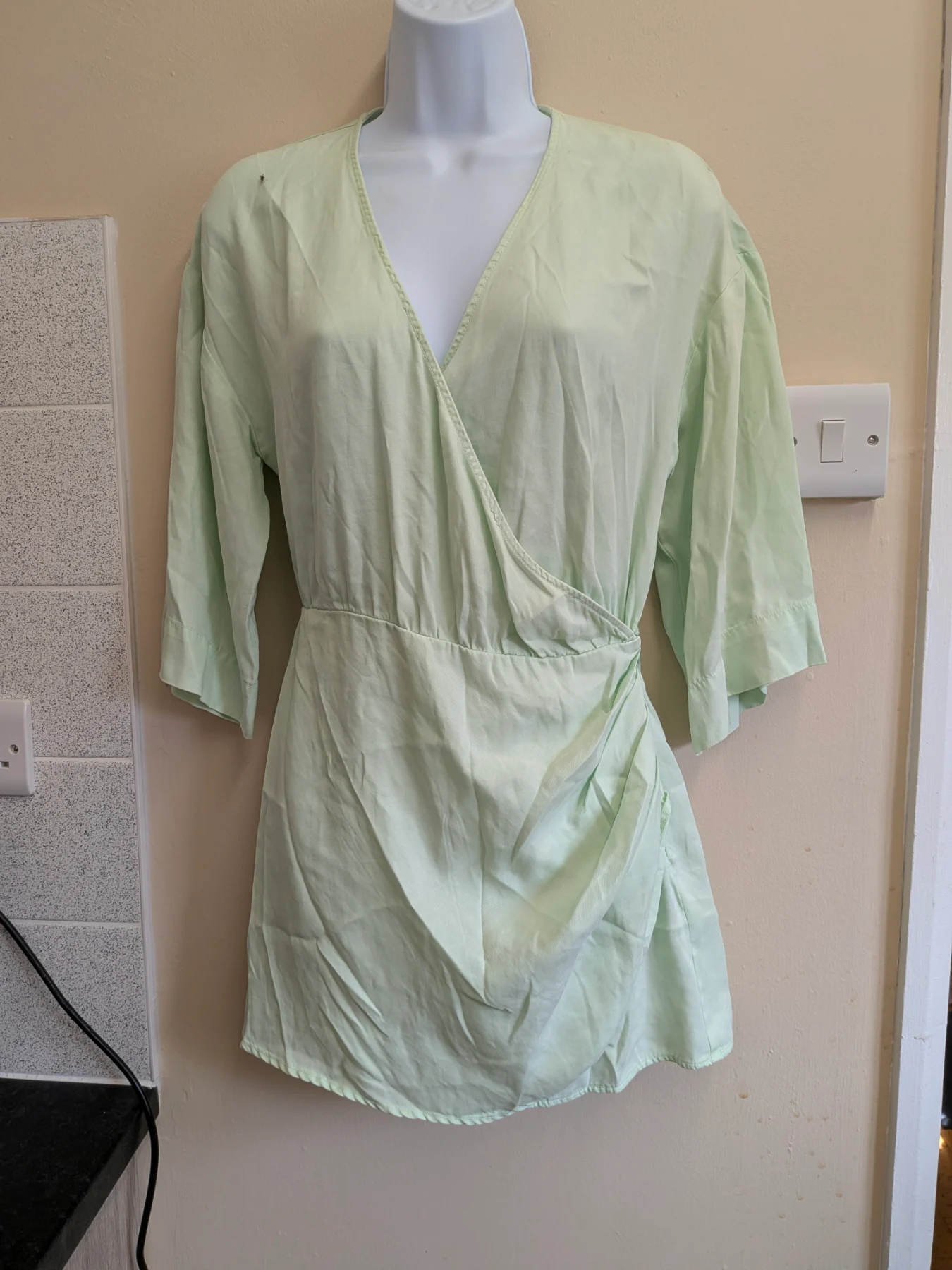 Zara Pale Mint Green Wrap Playsuit Romper XS Kimono Sleeve Summer Y2K Style