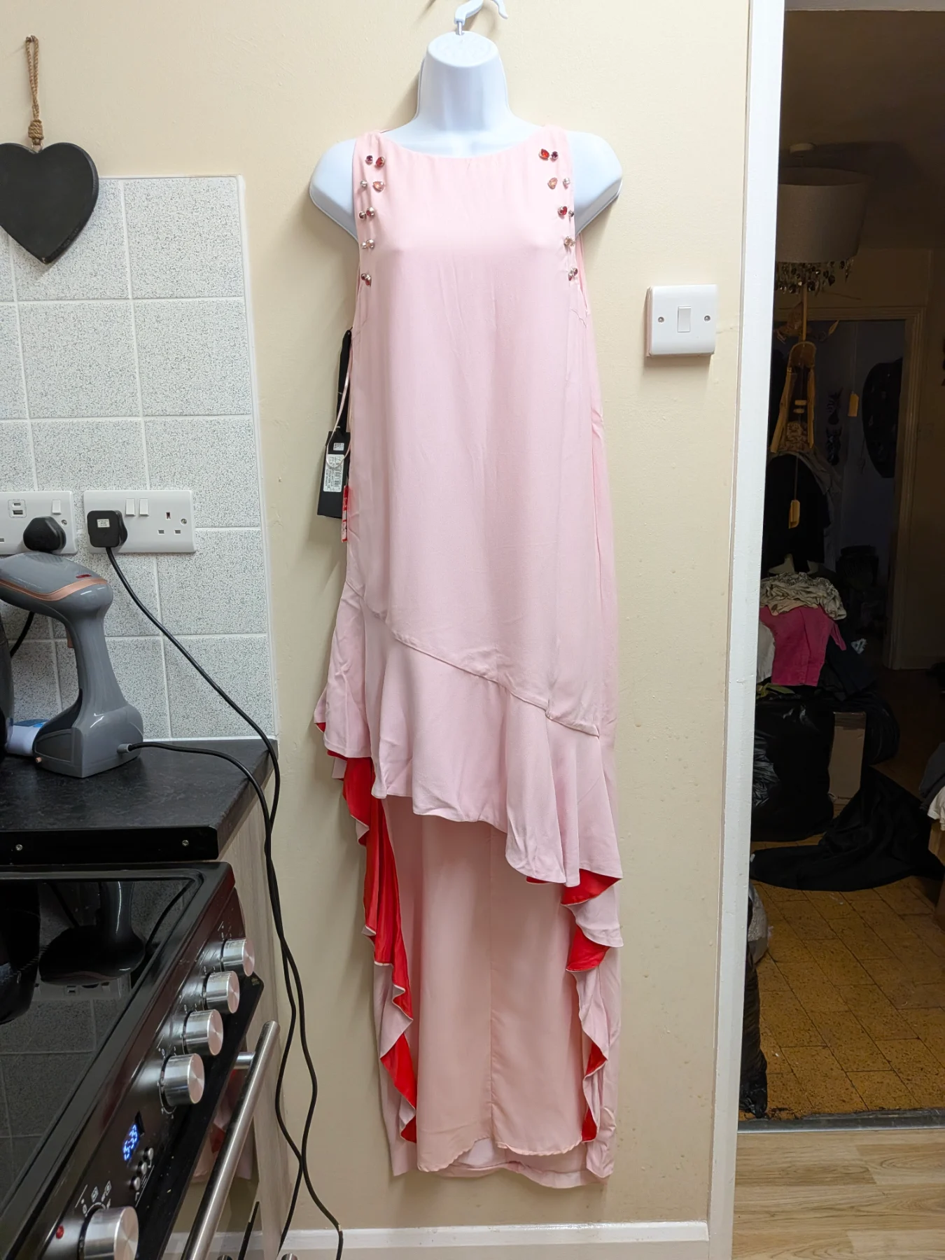 Pinko BNWT Pink Embellished Maxi Dress UK 6 Asymmetric Ruffle Occasion