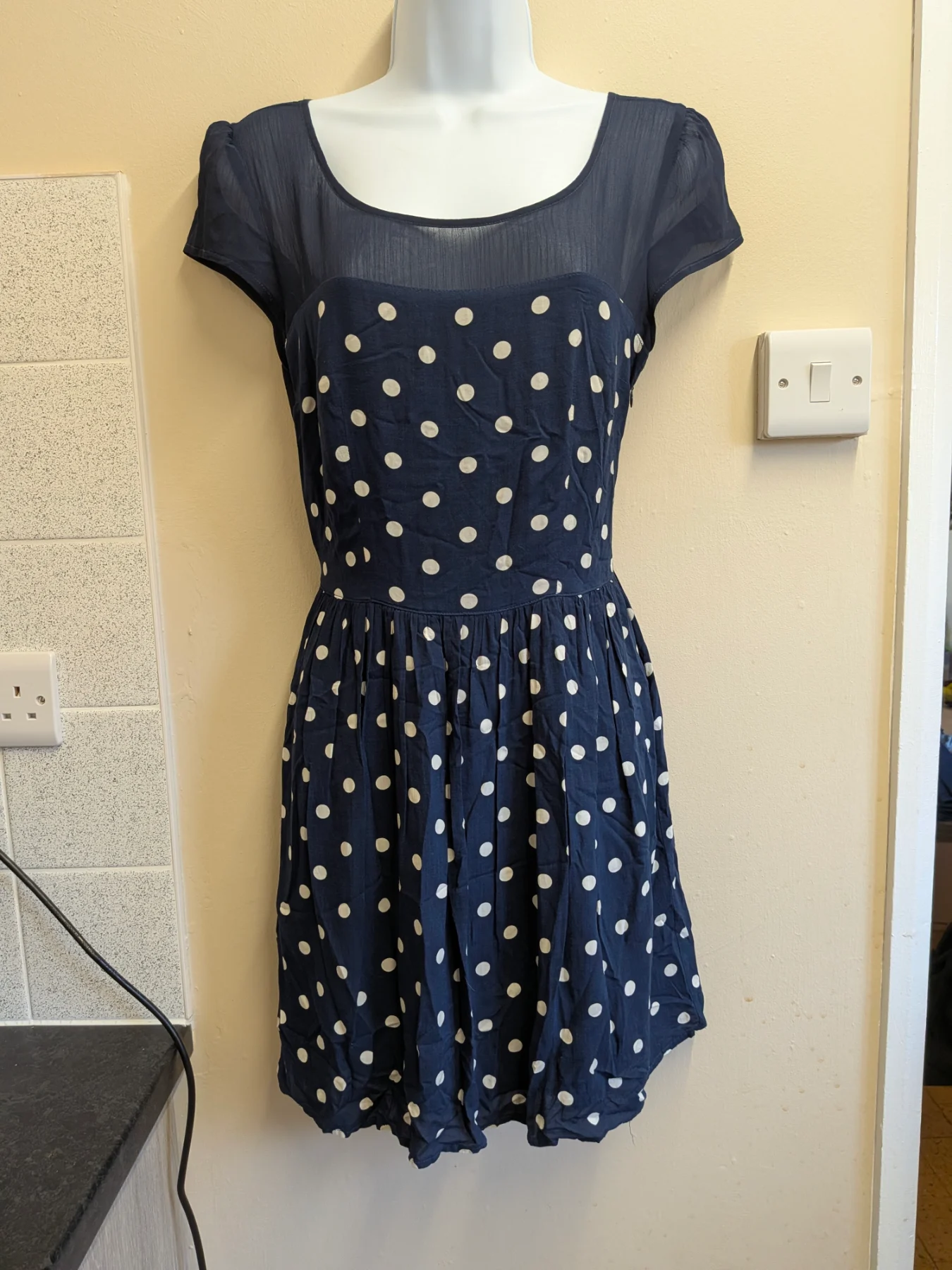 Vintage Y2K Abercrombie & Fitch Navy Polka Dot Dress Size M Sheer Back