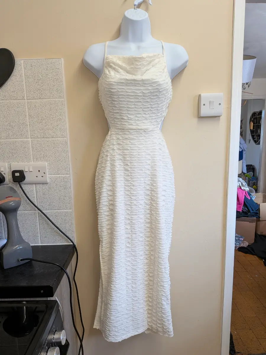 Niay Cream Ruffle Textured Open Back Lace Up Maxi Dress Size S 36 Y2K