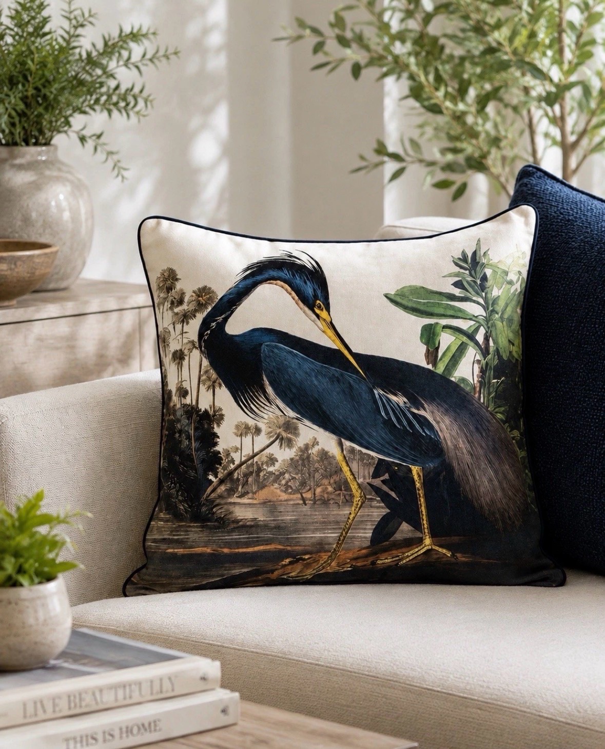 Home edit Vintage Louisiana Heron -  Velvet Cushion - Feather Filled - 60cm x 60cm - BNWOT