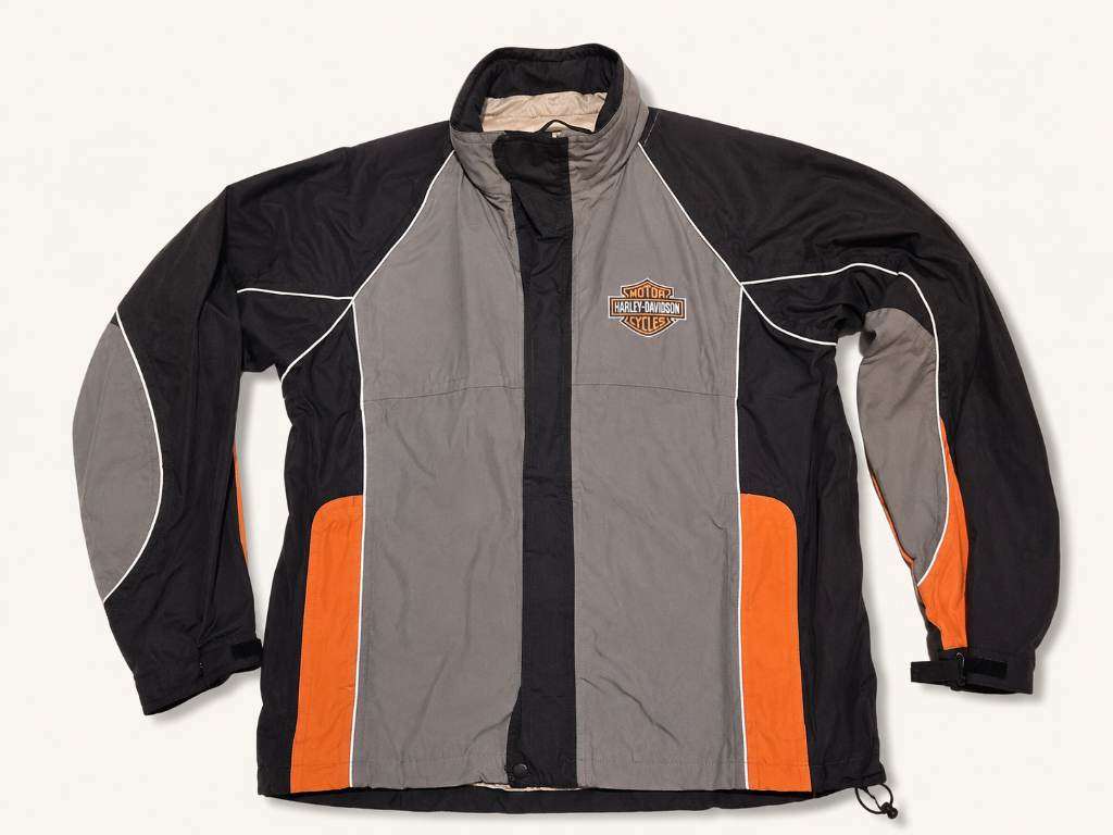 Authentic Harley-Davidson men’s lightweight motorcycle jacket in a black, grey and orange colourway