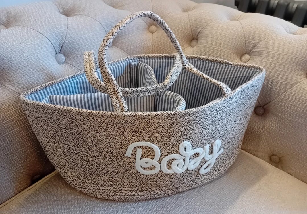 Beige woven baby nappy storage & essentials holder new