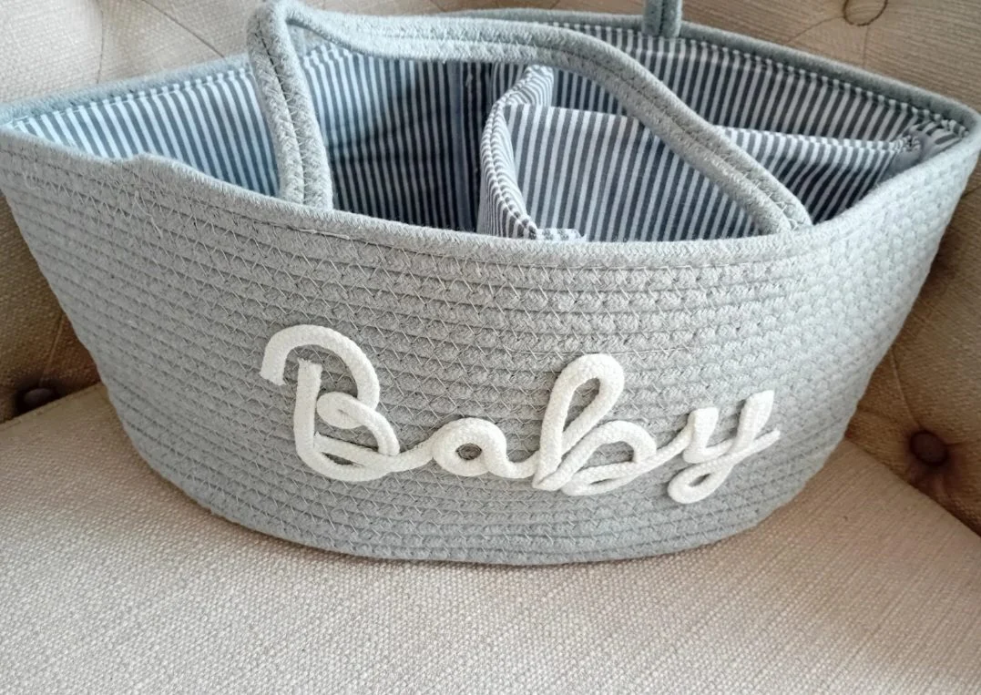 Grey woven baby nappy storage and essentials holder