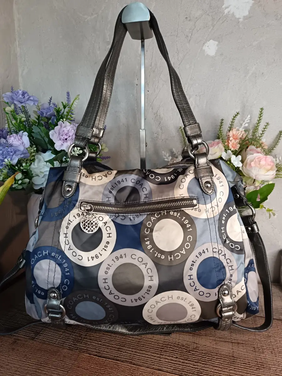 Coach Vintage Y2k Blue and Grey Snaphead Print Large Alexandra 2way Bag