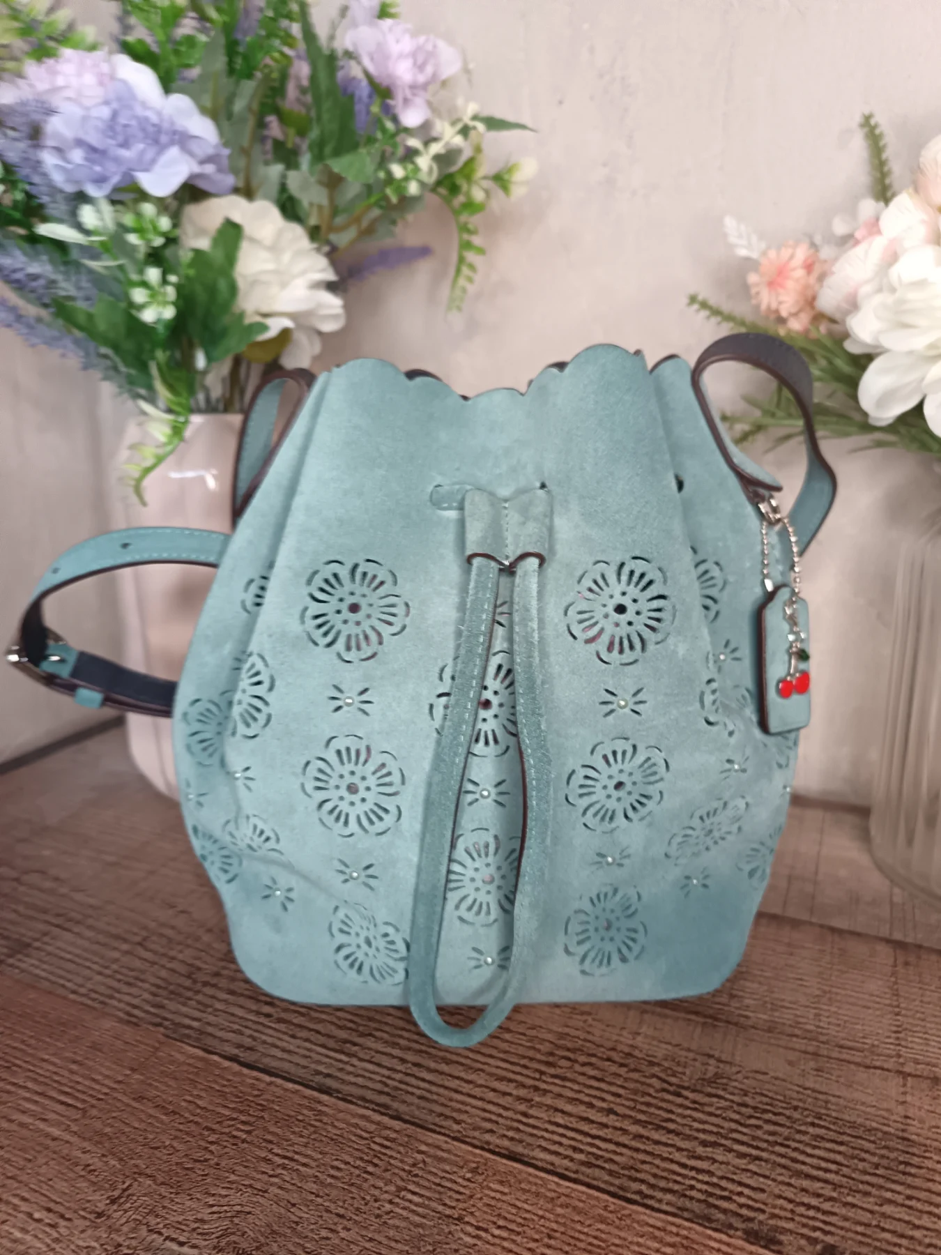 Coach Teal Suede Bucket Bag 18 with Cut Our Tea Roses