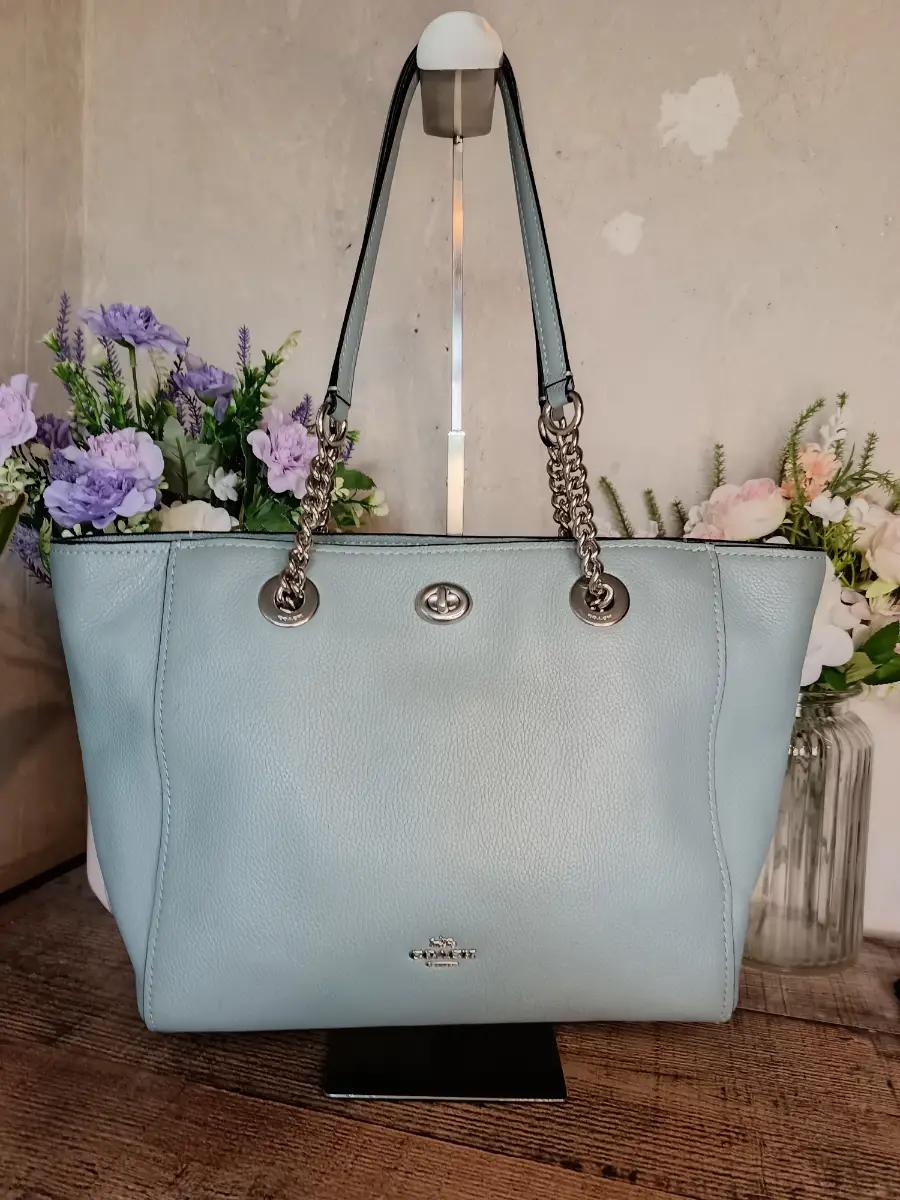 Coach Light Blue Turnlock Chain Tote 27 Shoulder Bag Handbag