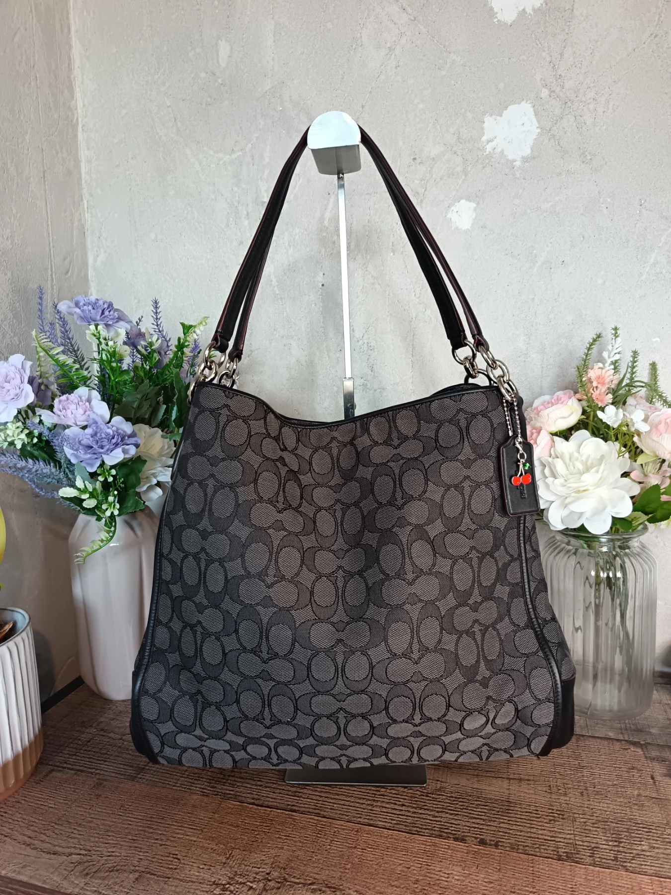 Coach Black and Grey Pheobe Shoulder Bag in Outline Signature