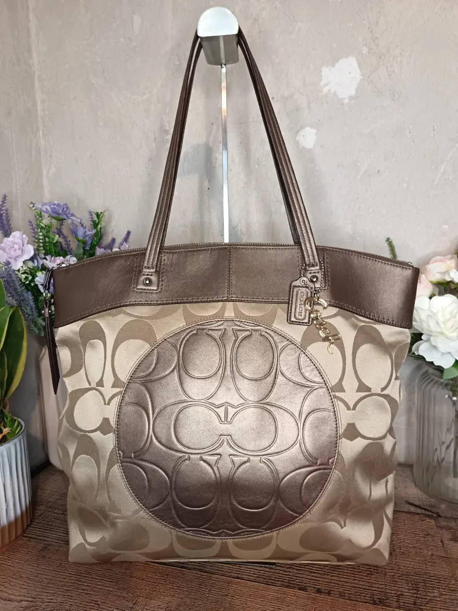 Coach Khaki and Brown Large Laura Signature Tote Shoulder Bag Handbag