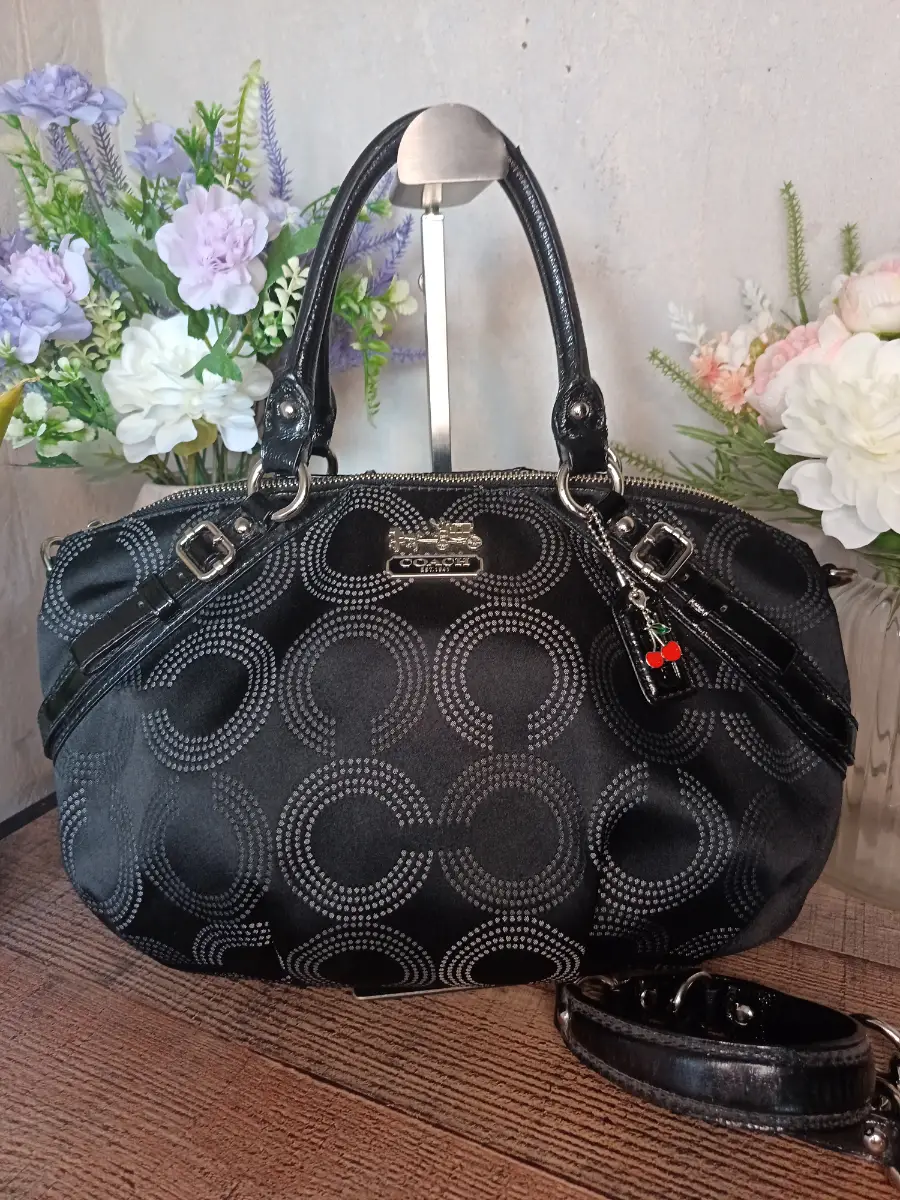 Coach Black Madison Dot Op Art Sophia Satchel Bag Handbag